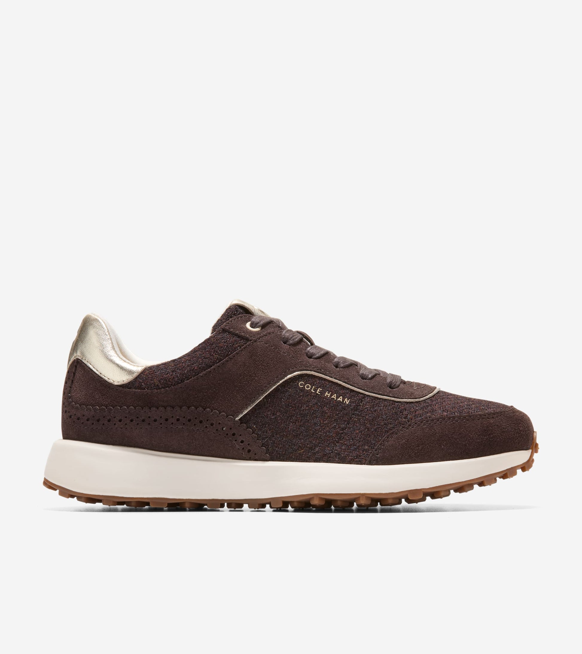 W34884:CH DK CHOCOLATE SUEDE/WOOL/SOFT GOLD/WHITE